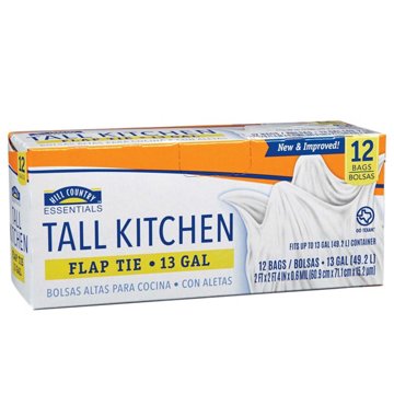 Hill Country Essentials Tall Kitchen Flap Tie Trash Bags, 13 Gallon, 12 ct