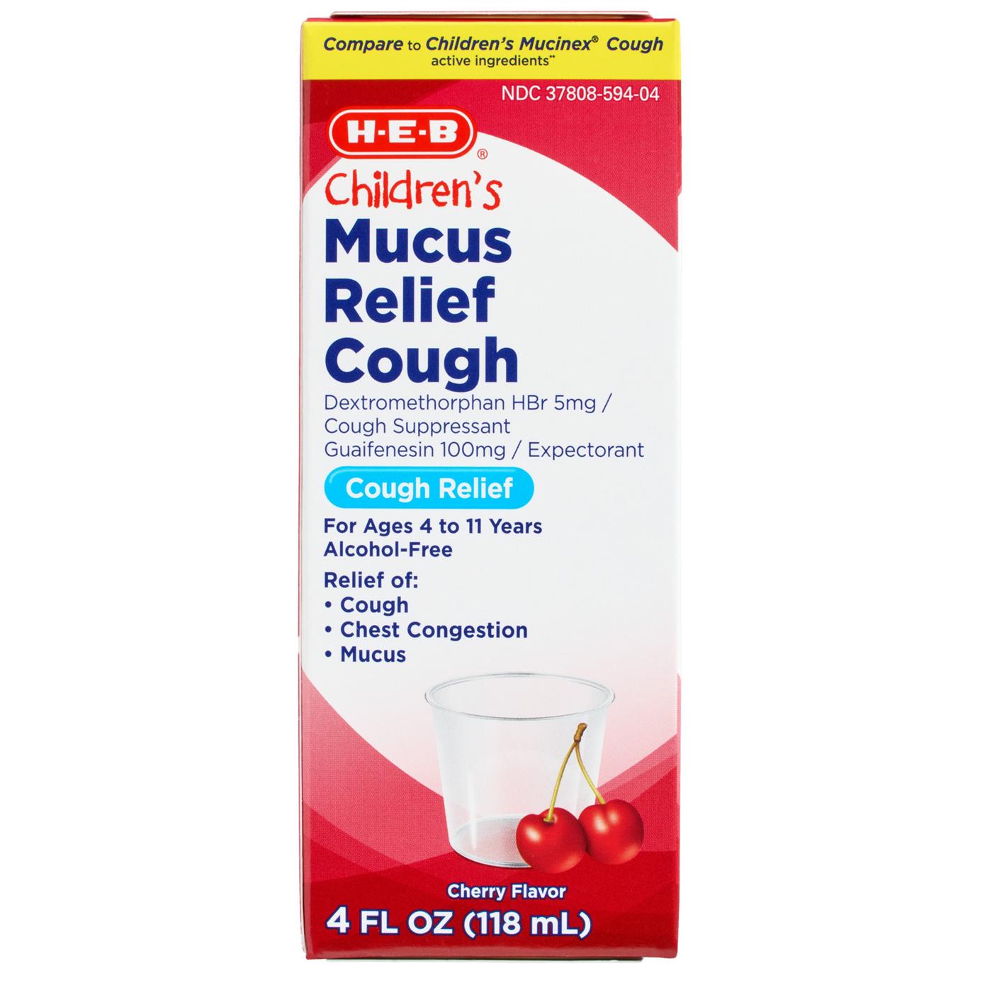 H-E-B Children’s Mucus Relief & Cough Liquid – Cherry Flavor; image 1 of 5