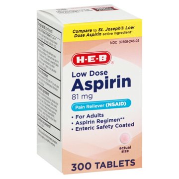 H-E-B Low Dose Aspirin Pain Reliever Enteric Coated Tablets - 81 mg, 300 ct