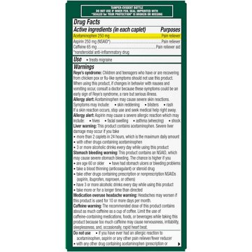 Excedrin Migraine Relief Caplets for Migraine Symptoms, Acetaminophen 250mg, Aspirin 250mg, Caffeine 65mg, Pain Reliever