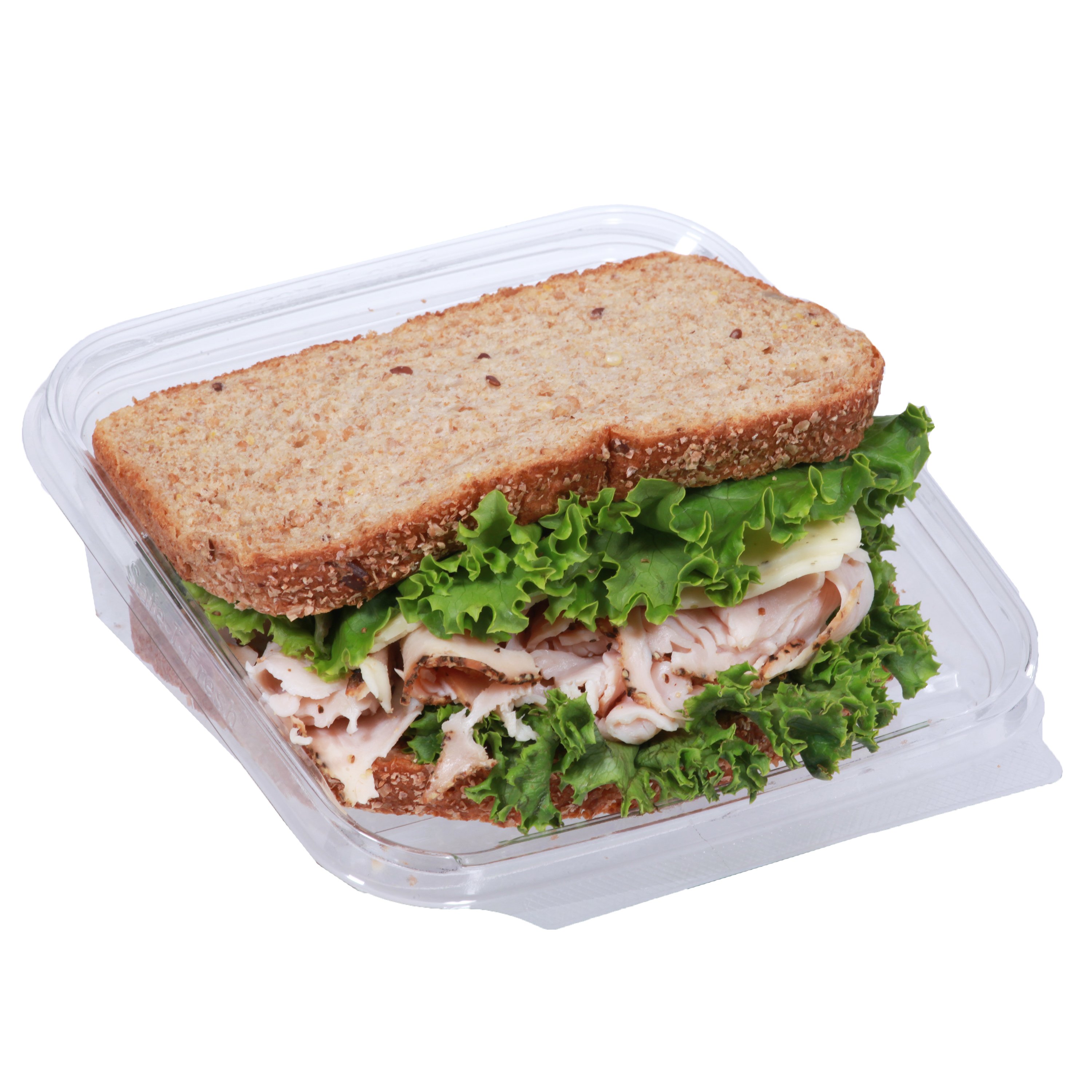 Ham salad with cheese takeaway sandwich on white bread in plastic