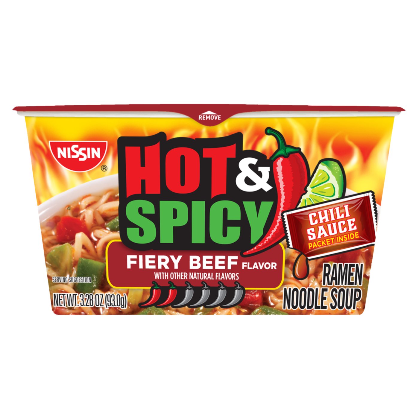 Nissin Hot & Fiery Beef Flavor Ramen Noodle Soup, 3.28 oz | Low