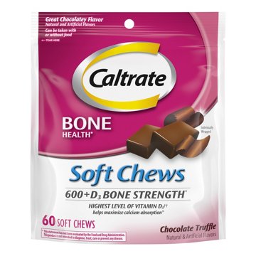 Caltrate Soft Chews 600+D3 Calcium Vitamin D Supplement, Chocolate Truffle, 60 ct