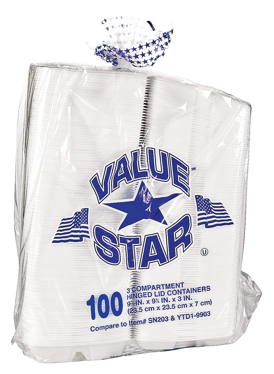 Value Star Foam 3 Compartment Hinged Lid Containers, 91/4 in X 91/4