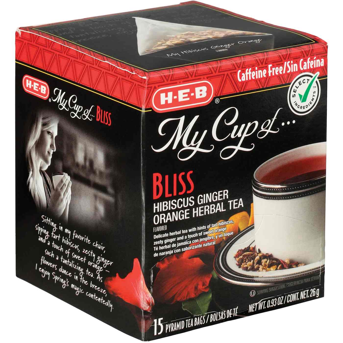 H-E-B My Cup of Bliss Hibiscus Ginger Orange Caffeine Free Herbal Tea, Pyramid Tea Bags; image 2 of 2