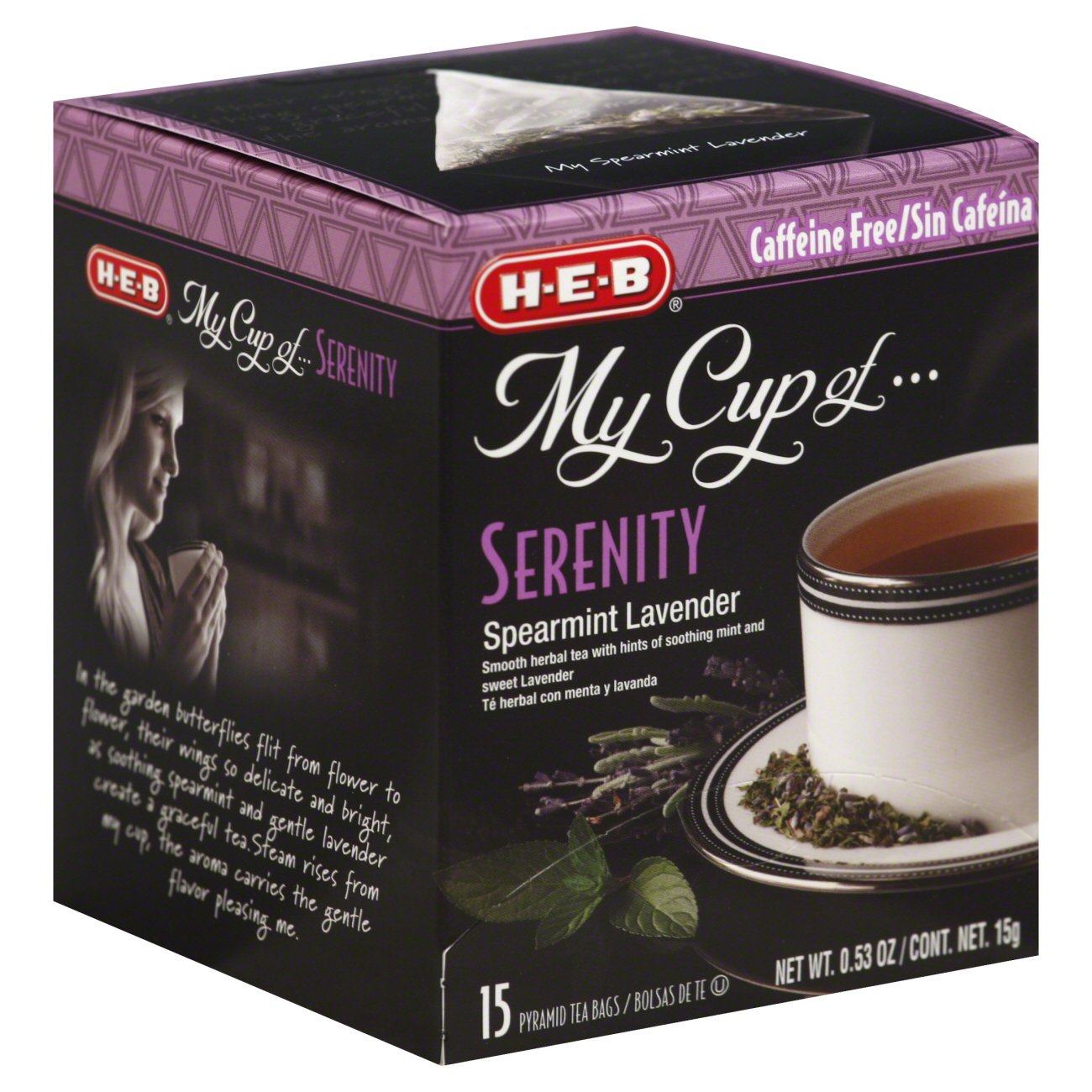 H-E-B My Cup of Serenity Spearmint Lavender Caffeine Free Herbal Tea, Pyramid Tea Bags, 15 ct