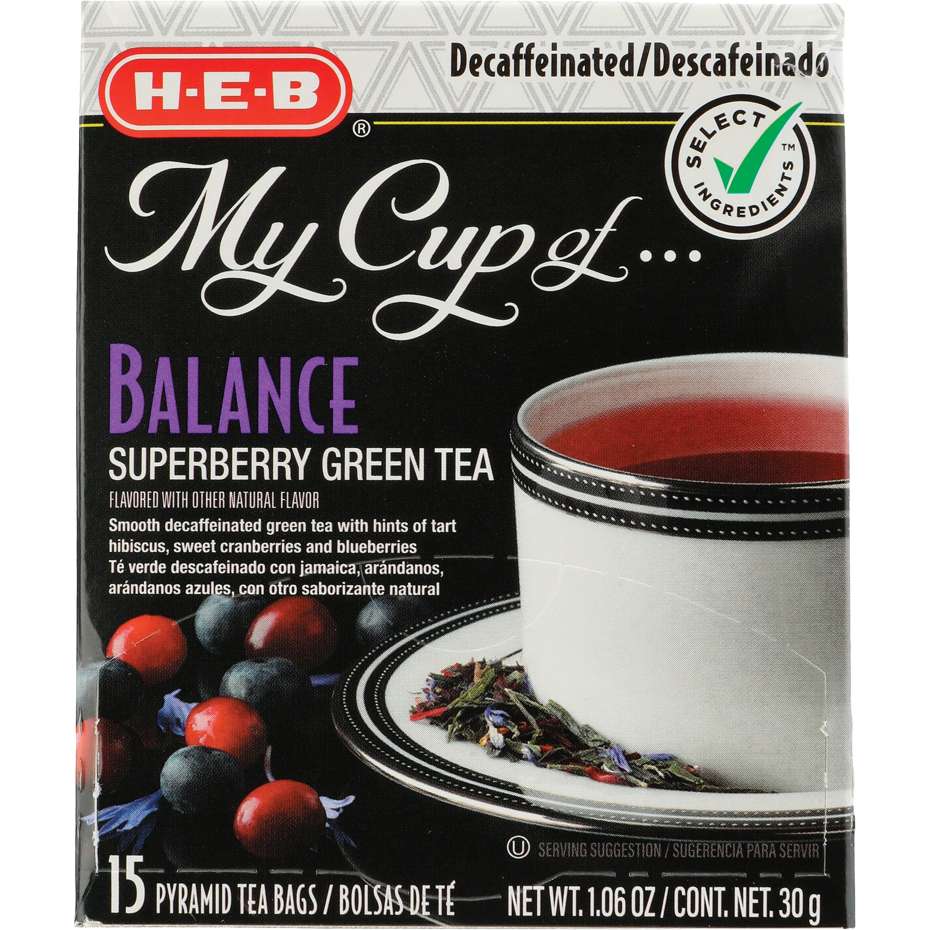 HEB My Cup of Balance Decaffeinated Superberry Green Tea, Pyramid Tea
