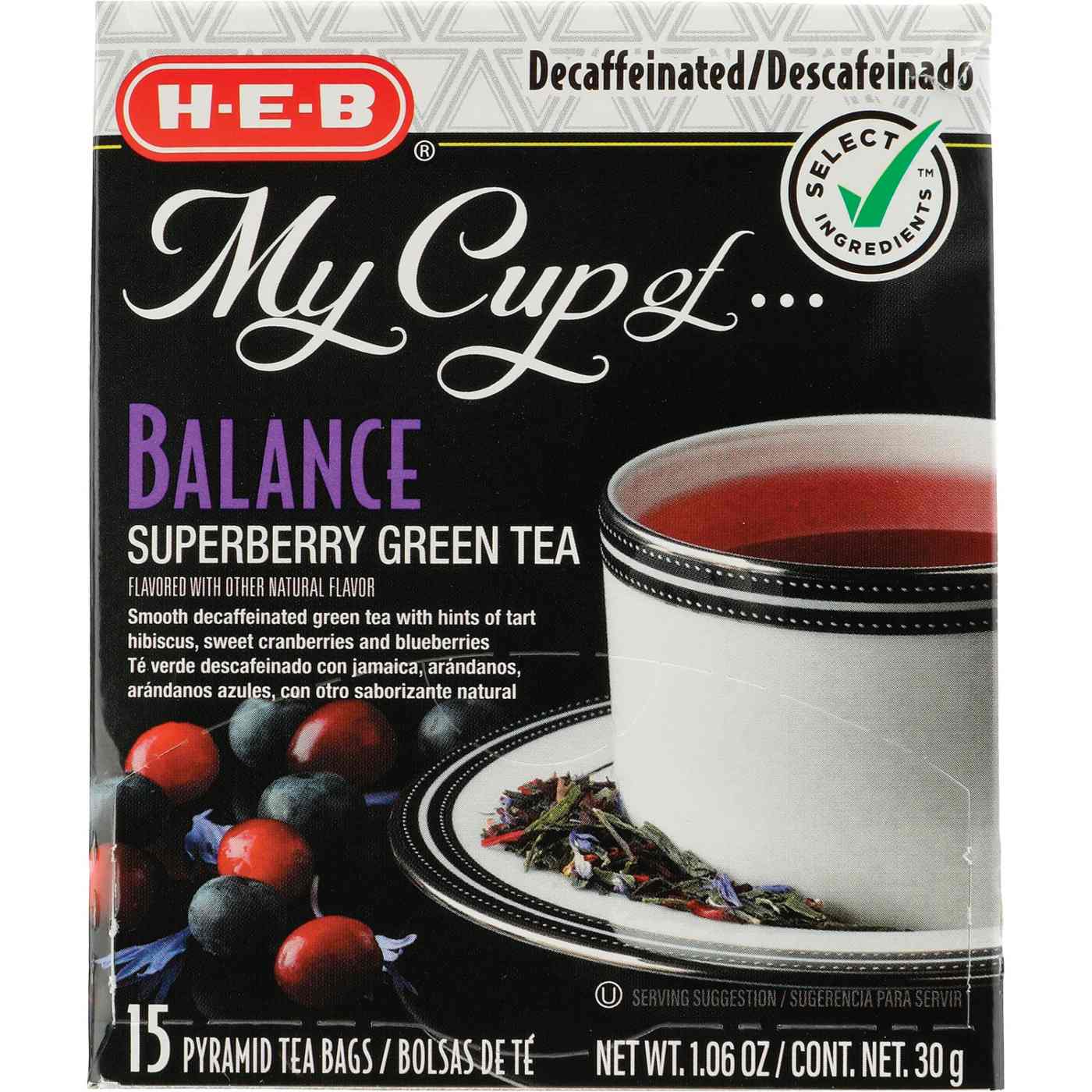 H-E-B My Cup of Balance Decaffeinated Superberry Green Tea, Pyramid Tea Bags; image 1 of 2