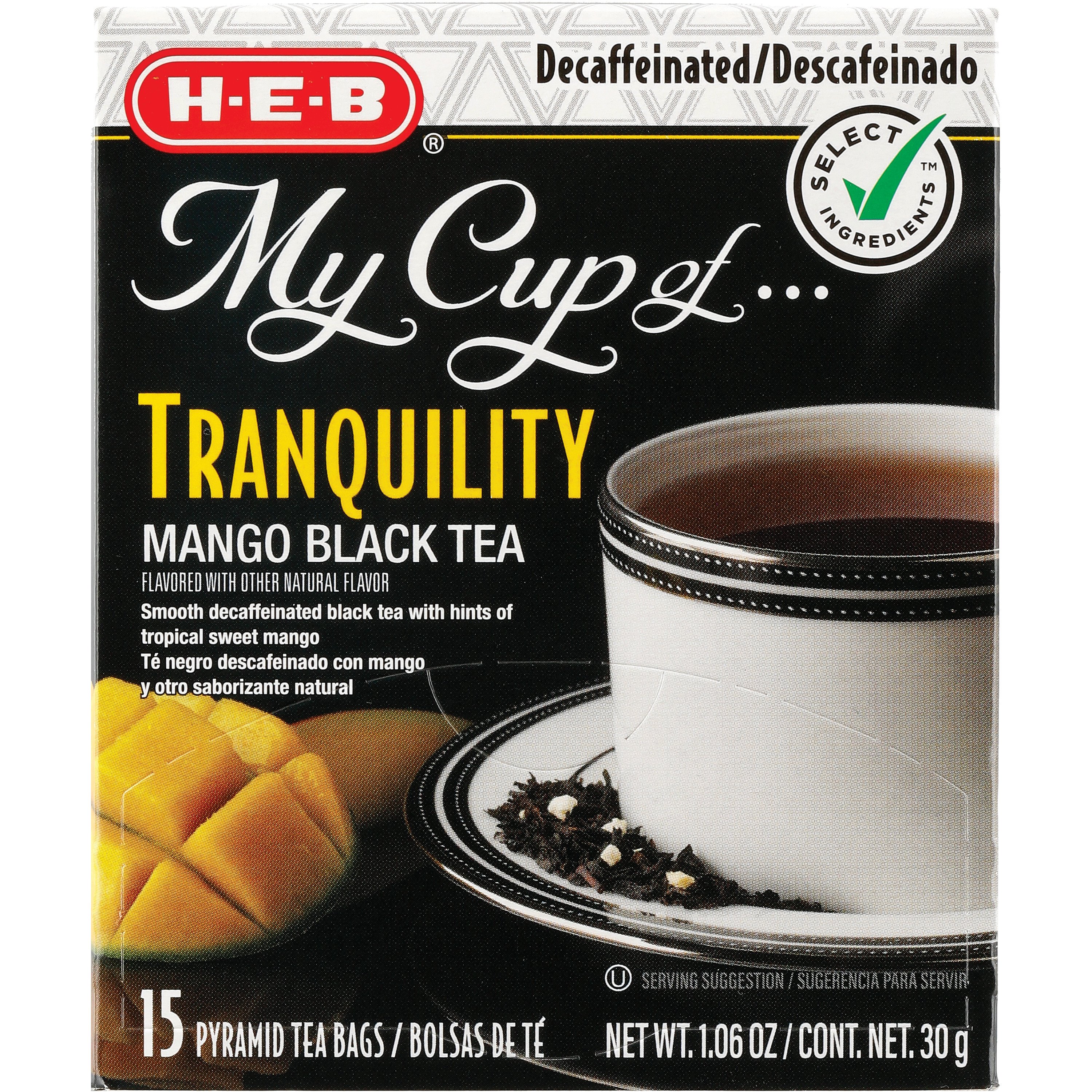 H-E-B My Cup of Tranquility Decaffeinated Mango Black Tea, Pyramid Tea Bags, 15 ct