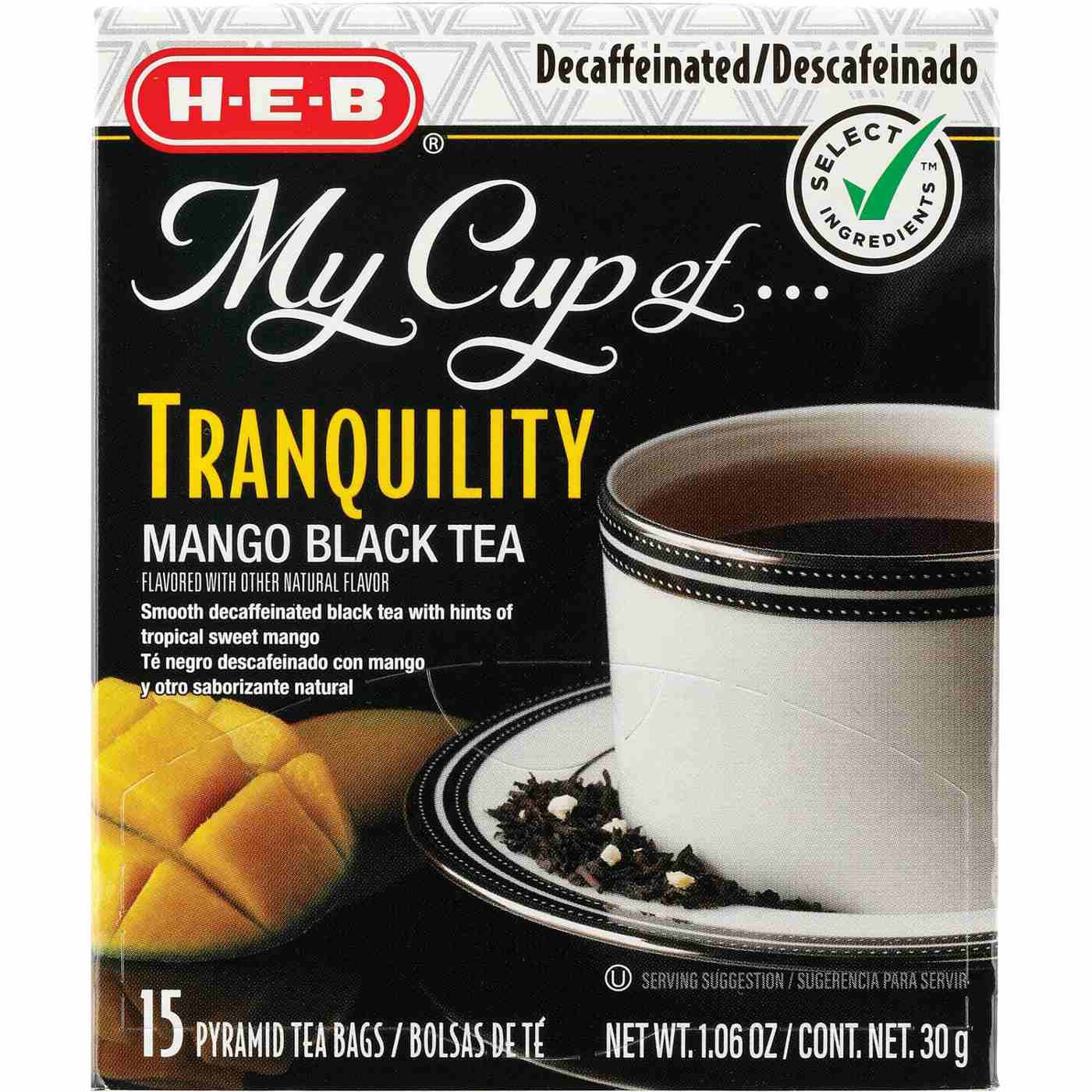 H-E-B My Cup of Tranquility Decaffeinated Mango Black Tea, Pyramid Tea Bags; image 1 of 2