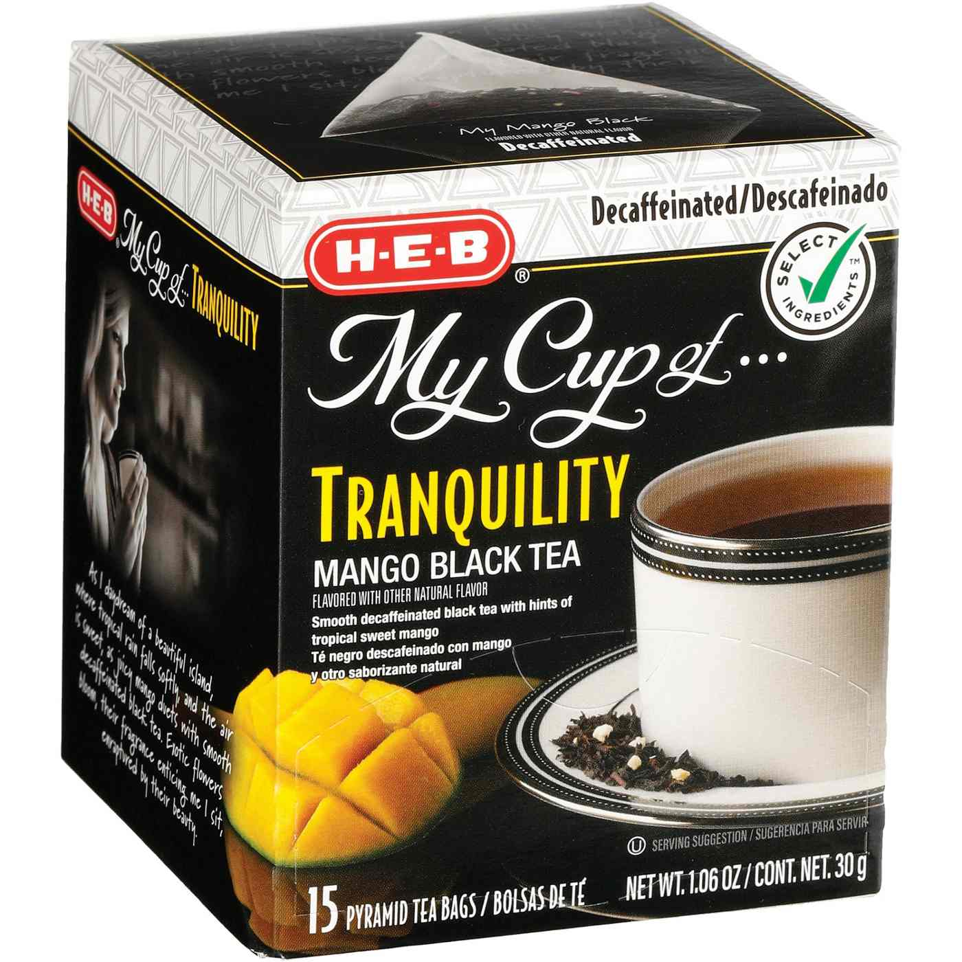 H-E-B My Cup of Tranquility Decaffeinated Mango Black Tea, Pyramid Tea Bags; image 2 of 2