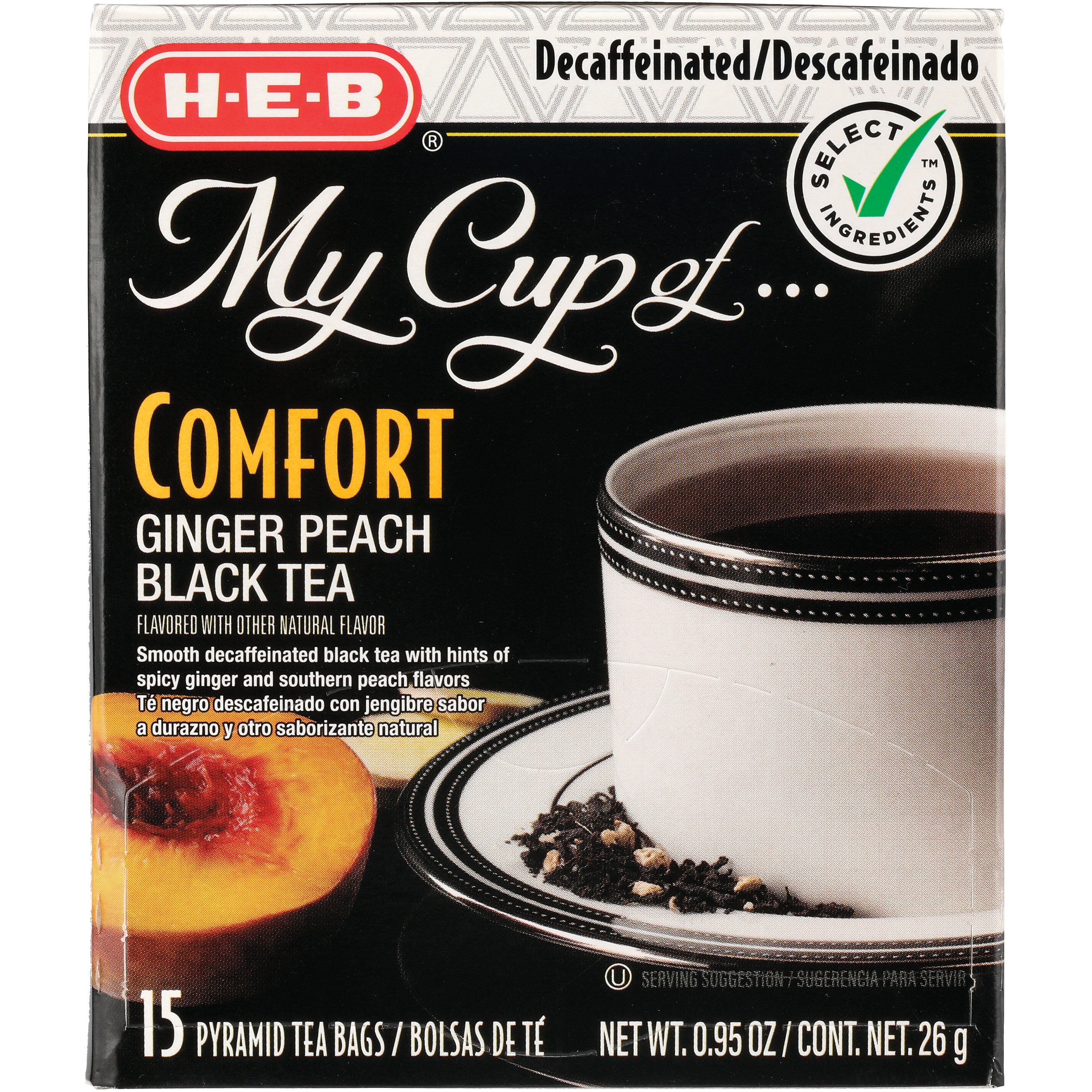 H-E-B My Cup of Comfort Decaffeinated Ginger Peach Black Tea, Pyramid Tea Bags, 15 ct