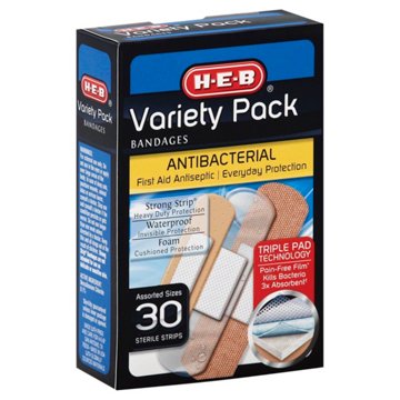 H-E-B Variety Pack Antibacterial Bandages - Assorted Sizes, 30 ct
