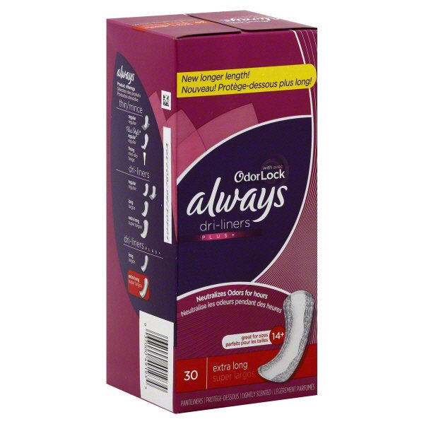Always DriLiners Plus Extra Long Lightly Scented Pantiliners For Sizes
