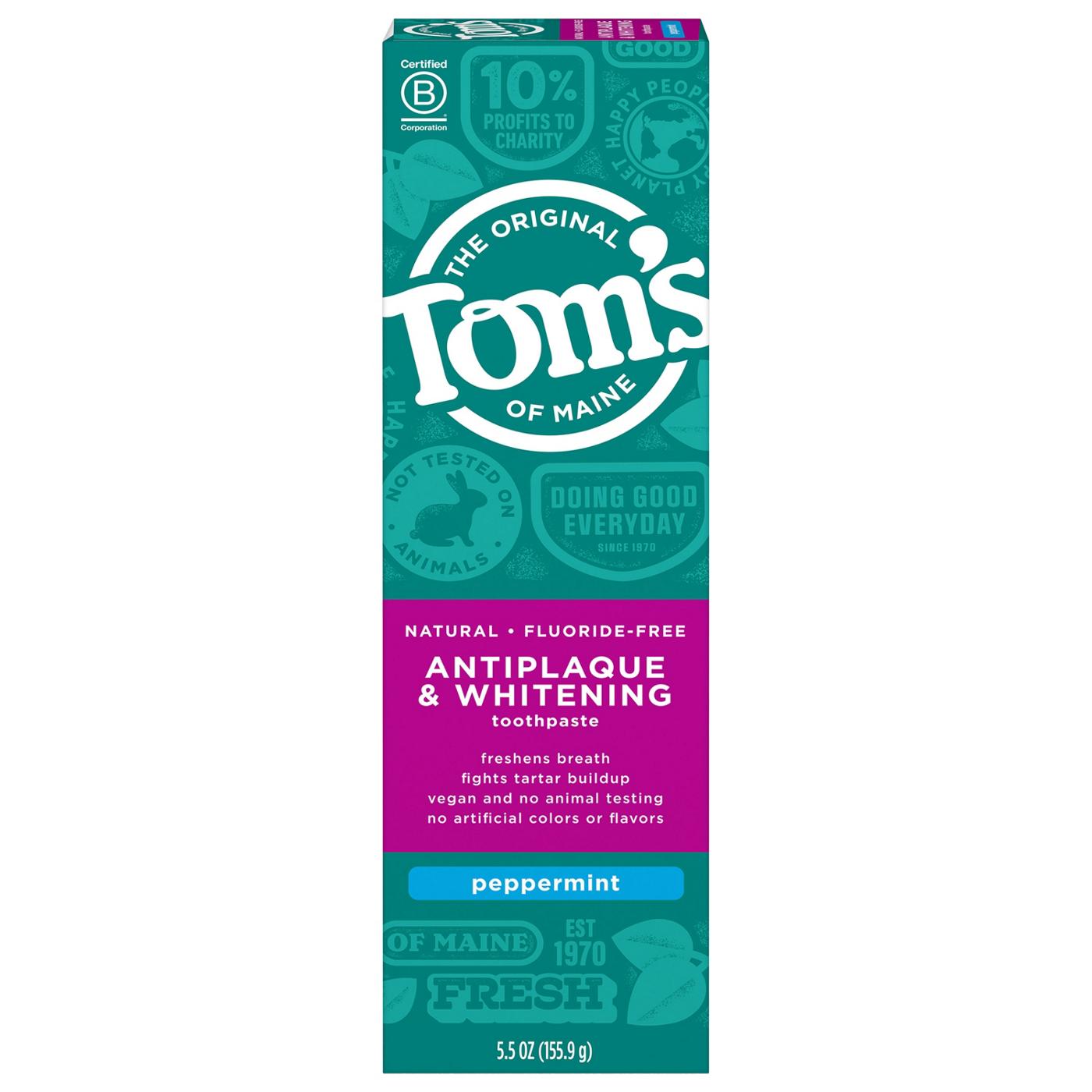 Tom's of Maine Fluoride-Free Antiplaque & Whitening Toothpaste - Peppermint; image 1 of 5