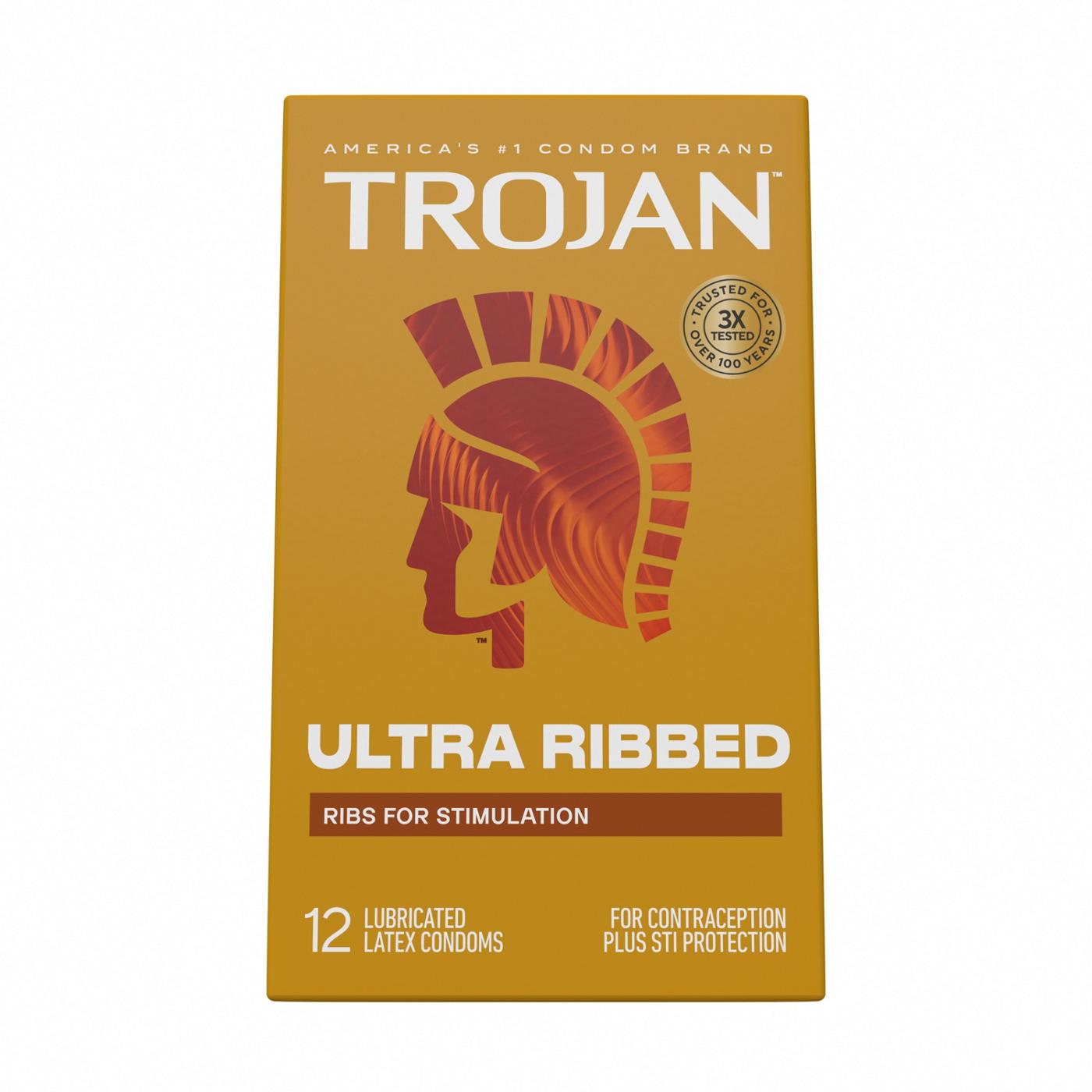 Trojan Ultra Ribbed Lubricated Condoms; image 1 of 8