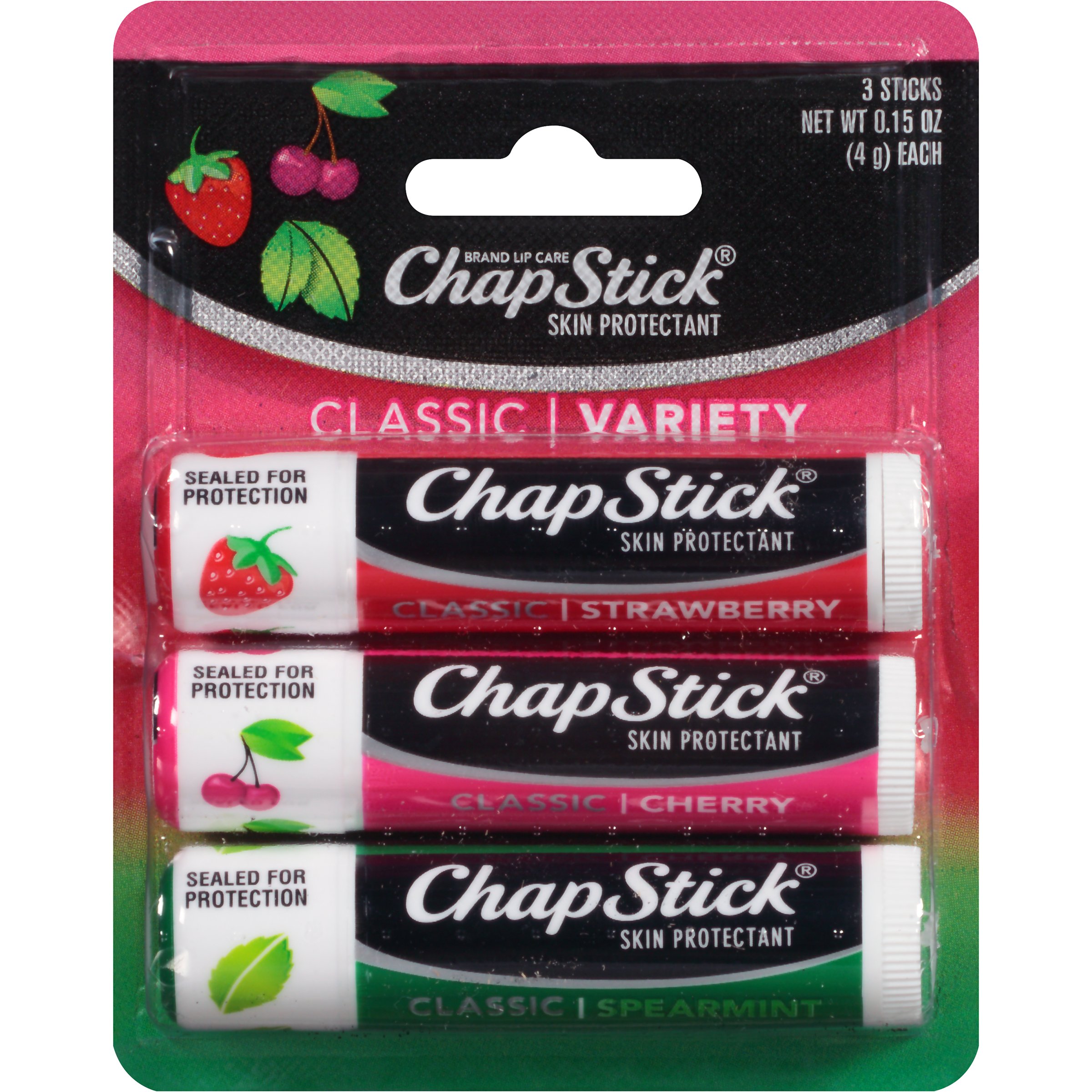 Chapstick Classic Variety Pack Cherry Strawberry Spearmint Skin