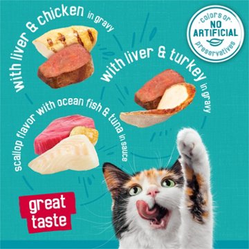 Friskies Purina Wet Cat Food Variety Pack Tasty Treasures Prime Filets - Ocean Fish and Tuna, Chicken and Turkey