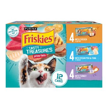 Friskies Purina Wet Cat Food Variety Pack Tasty Treasures Prime Filets - Ocean Fish and Tuna, Chicken and Turkey