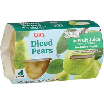 H-E-B Diced Pears in Fruit Juice Snack Bowls, 4 ct
