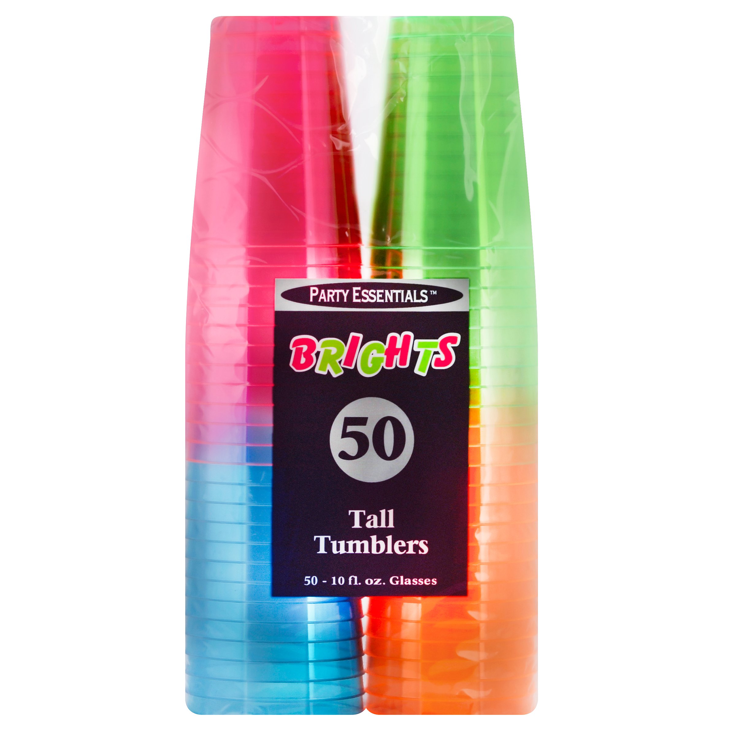 Party Essentials 50 Brights Plastic Tall Tumblers Assorted Neon
