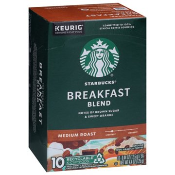 Starbucks Breakfast Blend Medium Roast Single Serve Coffee K Cups, 10 ct