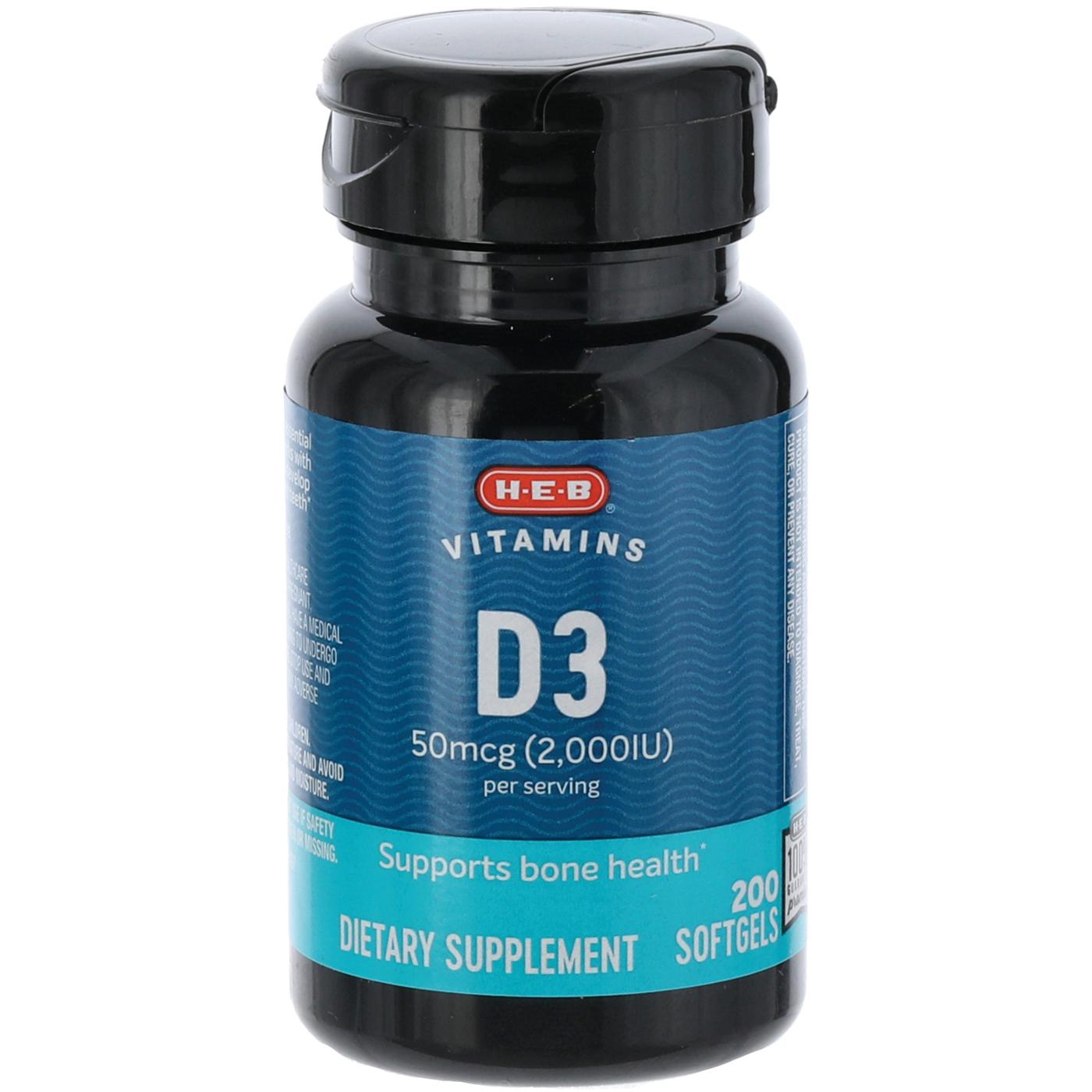 H-E-B Vitamins D3 50 mcg (2,000 IU) Softgels; image 1 of 2