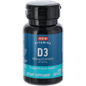 H-E-B Vitamins D3 50 mcg (2,000 IU) Softgels, 200 ct