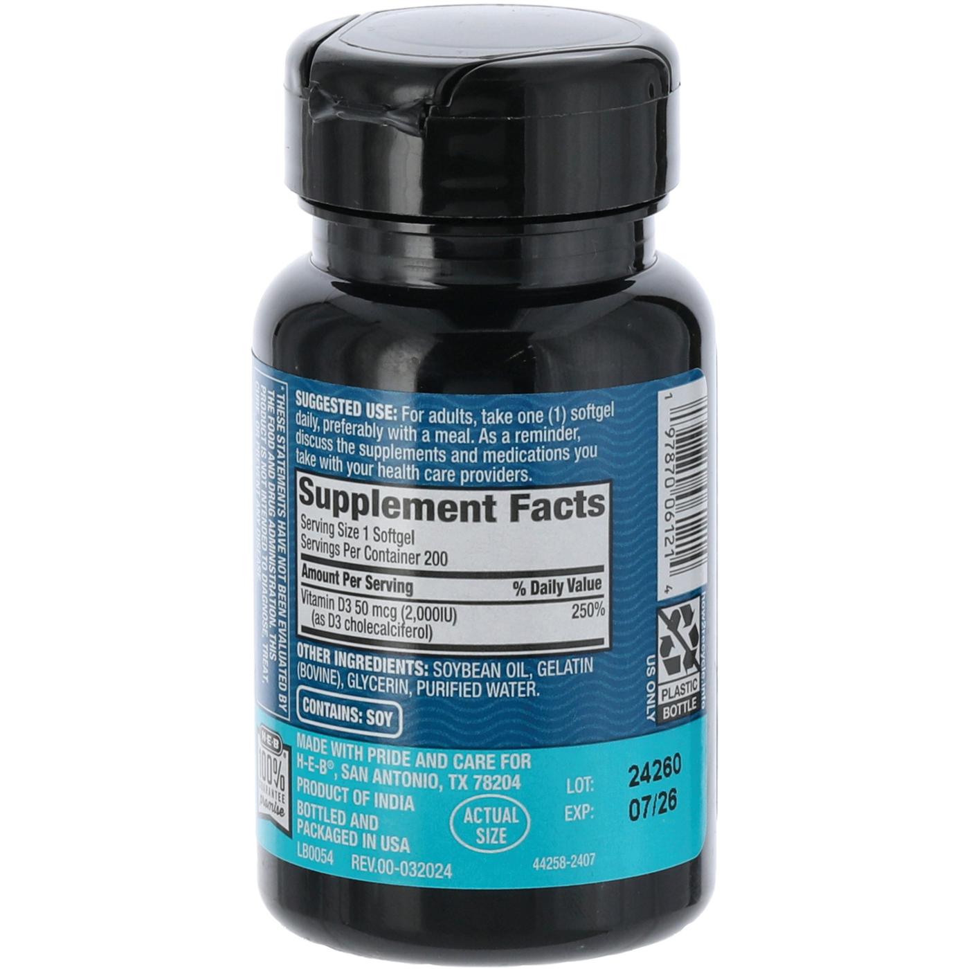 H-E-B Vitamins D3 50 mcg (2,000 IU) Softgels; image 2 of 2