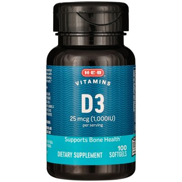 H-E-B Vitamins D3 25 mcg (1,000 IU) Softgels, 100 ct