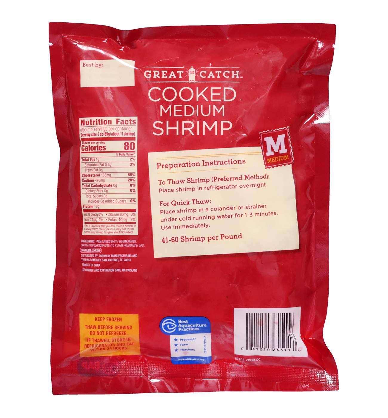 Great Catch Frozen Peeled Deveined Tail-On Medium Cooked Shrimp, 41 - 60ct/lb; image 2 of 2