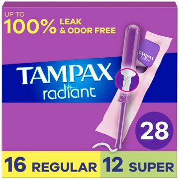 Tampax Radiant Tampons Duo Pack, Regular/Super Absorbency, Unscented, 28 ct