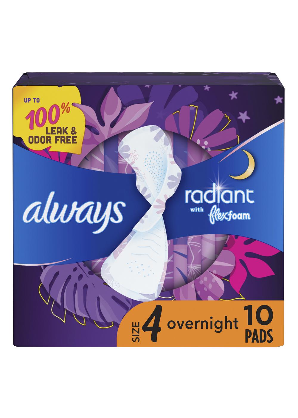 Always Radiant Size 4 Light Clean Scent Overnight Pads with Wings