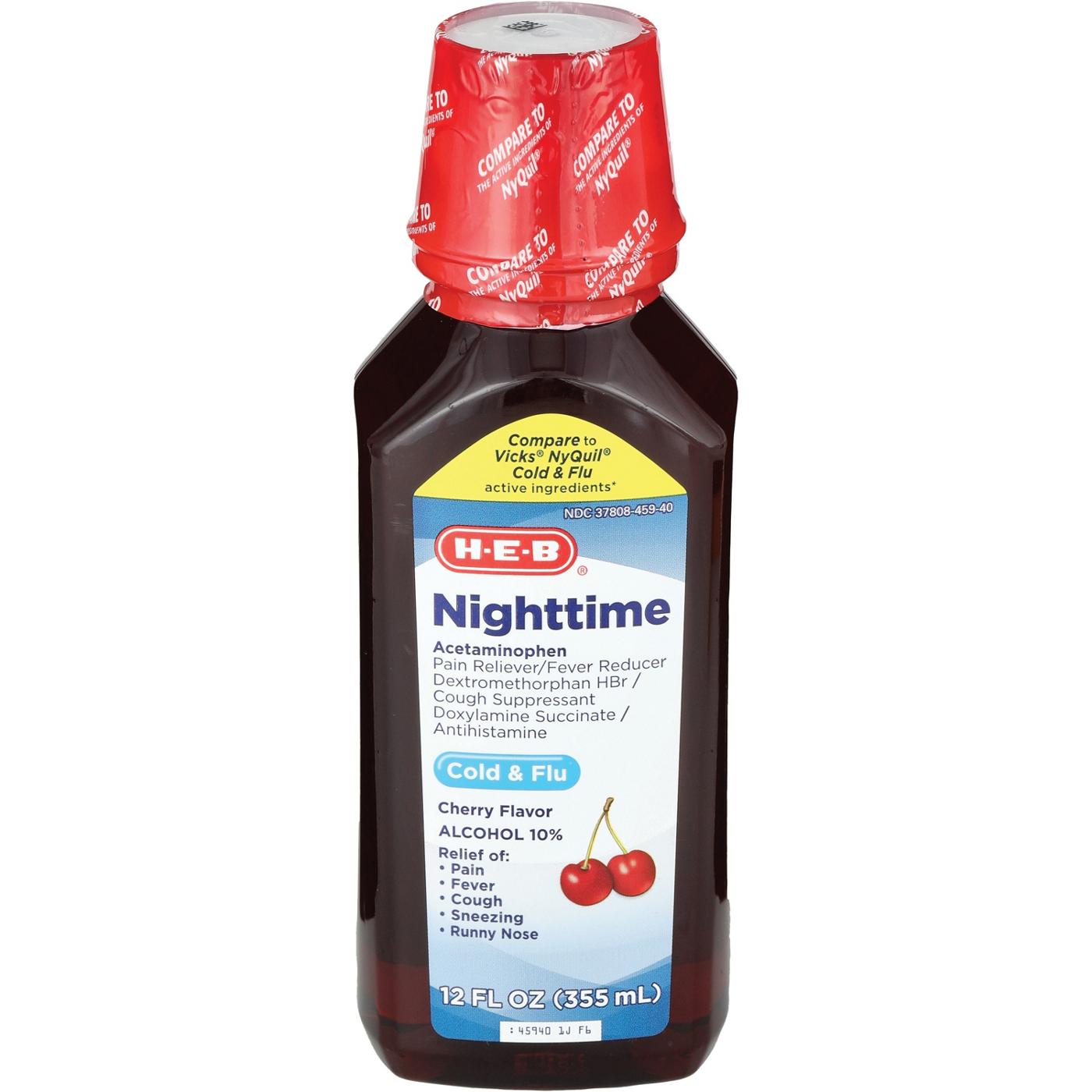 H-E-B Nighttime Cold & Flu Relief Liquid – Cherry Flavor; image 2 of 4