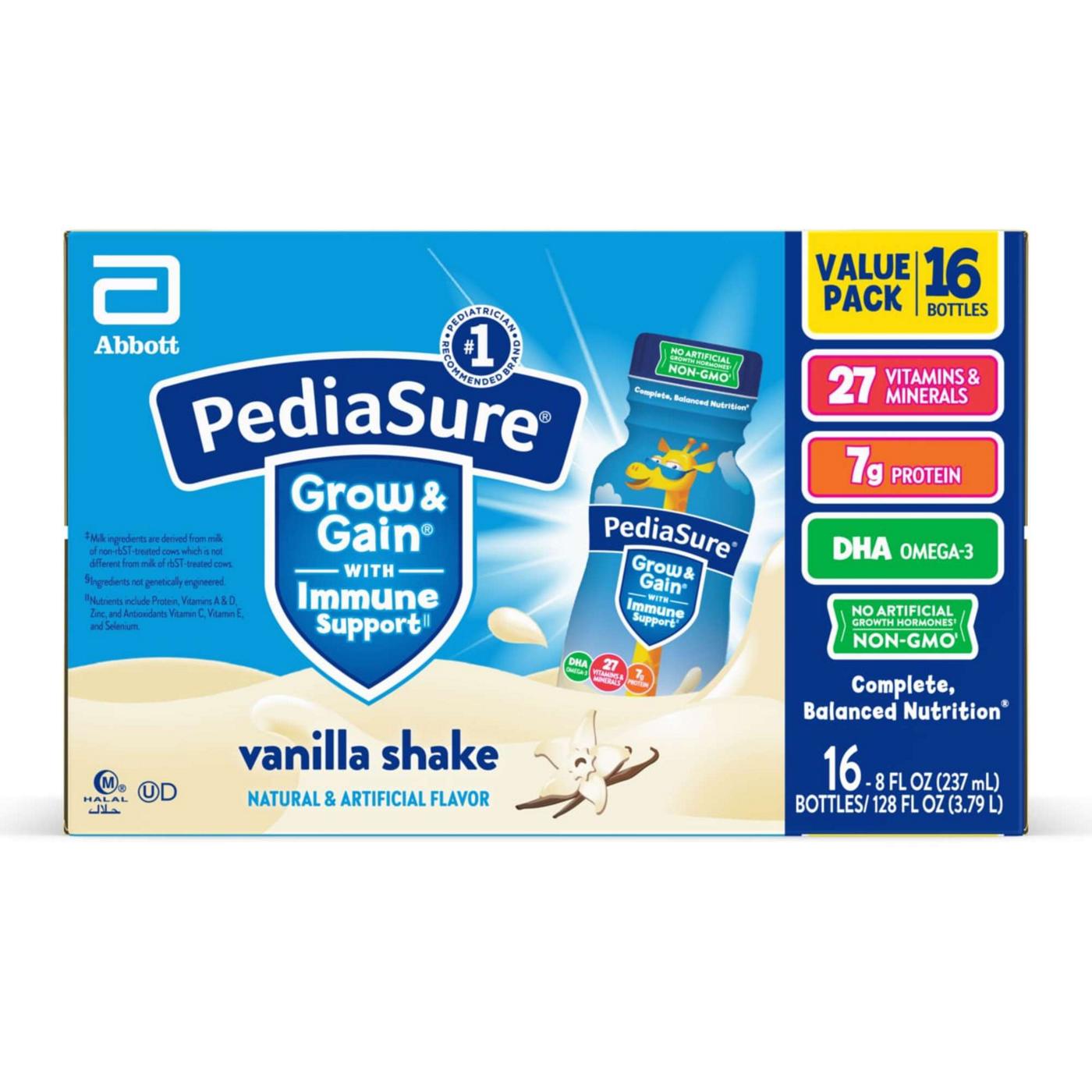 PediaSure Grow & Gain with Immune Support, Kids Protein Shake, 7g Protein, Vanilla 8-fl-oz Bottle; image 1 of 11
