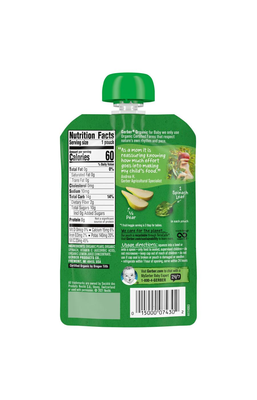 Gerber Organic for Baby Pouch - Pear & Spinach; image 6 of 7