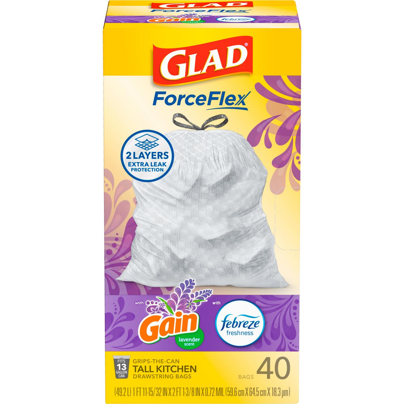 Glad ForceFlex Tall Kitchen Drawstring Trash Bags, 13 Gallon - Gain Lavender Scent with Febreeze Freshness; image 1 of 9