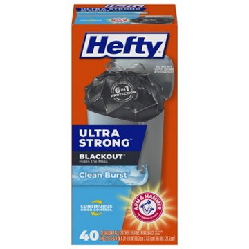 Hefty Ultra Strong Blackout Tall Kitchen Drawstring Trash Bags, 13 Gallon - Clean Burst Scent, 40 ct