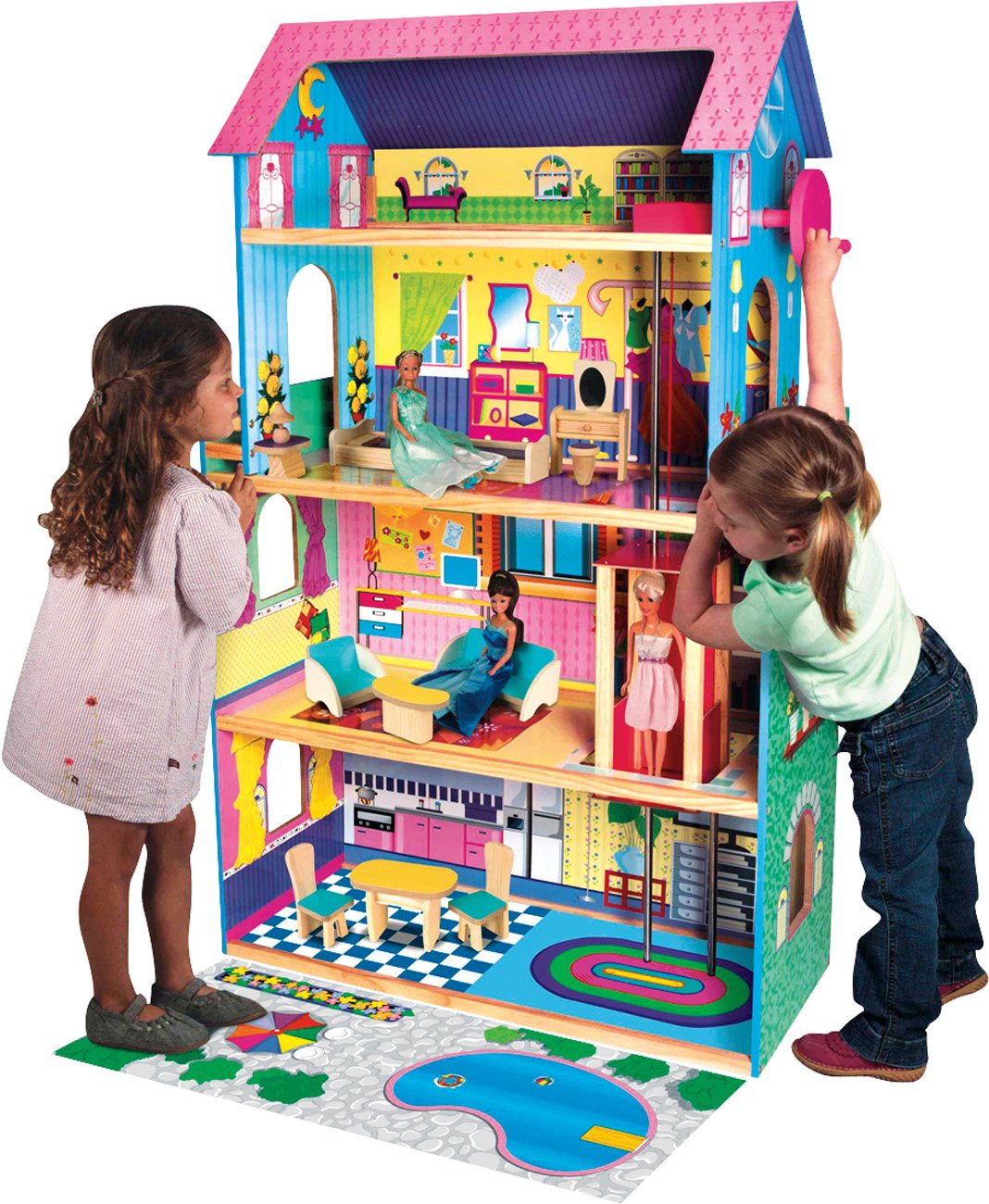 wooden dollhouse with elevator