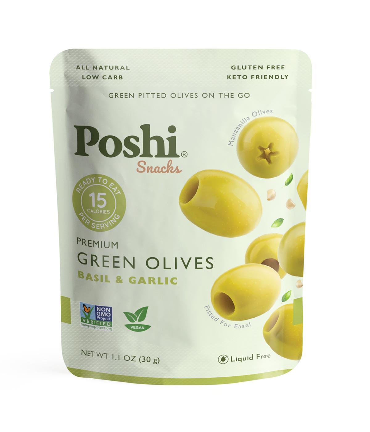 Poshi Snacks Green Olives - Basil & Garlic; image 1 of 2