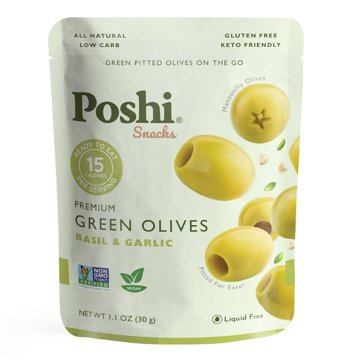 Poshi Snacks Green Olives - Basil & Garlic, 1.1 oz