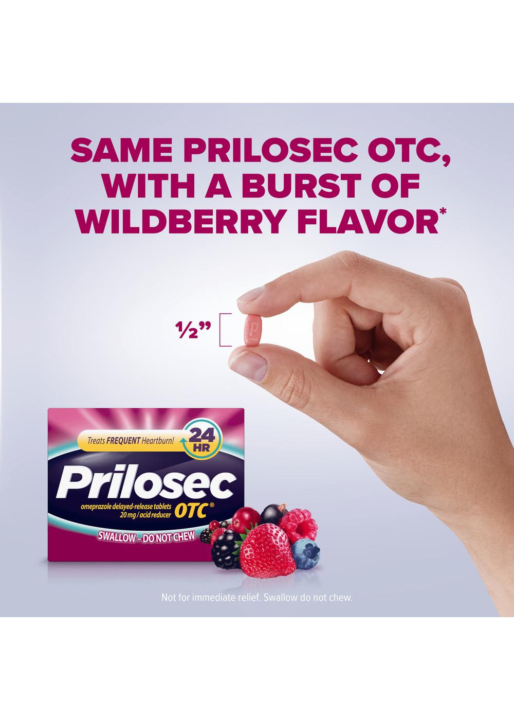 Prilosec OTC Omeprazole Delayed Release Tablets, Acid Reducer for Frequent Heartburn, Wildberry Flavor; image 15 of 18