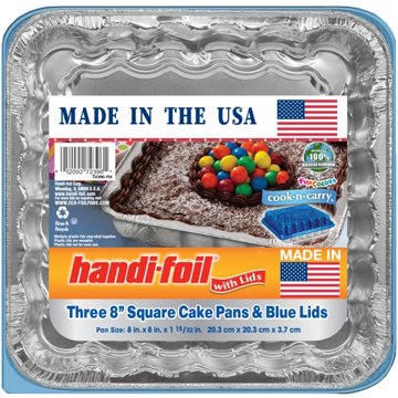 Handi-Foil Square Cake Pans & Blue Lids, 3 pk, 8" x 8"