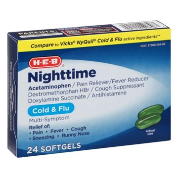 H-E-B Nighttime Cold & Flu Softgels, 24 ct