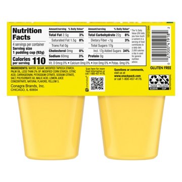 Snack Pack Lemon Pudding Cups, 4 ct