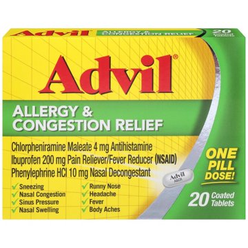 Advil Allergy and Congestion Relief, Pain Reliever, Fever Reducer and Allergy Relief with Ibuprofen, Phenylephrine HCl and Chlorpheniramine Maleate 4 mg - 20 Coated Tablets