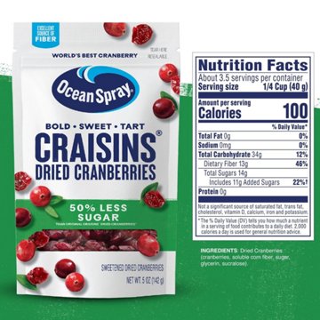 Ocean Spray Craisins 50% Less Sugar Dried Cranberries, 5 oz