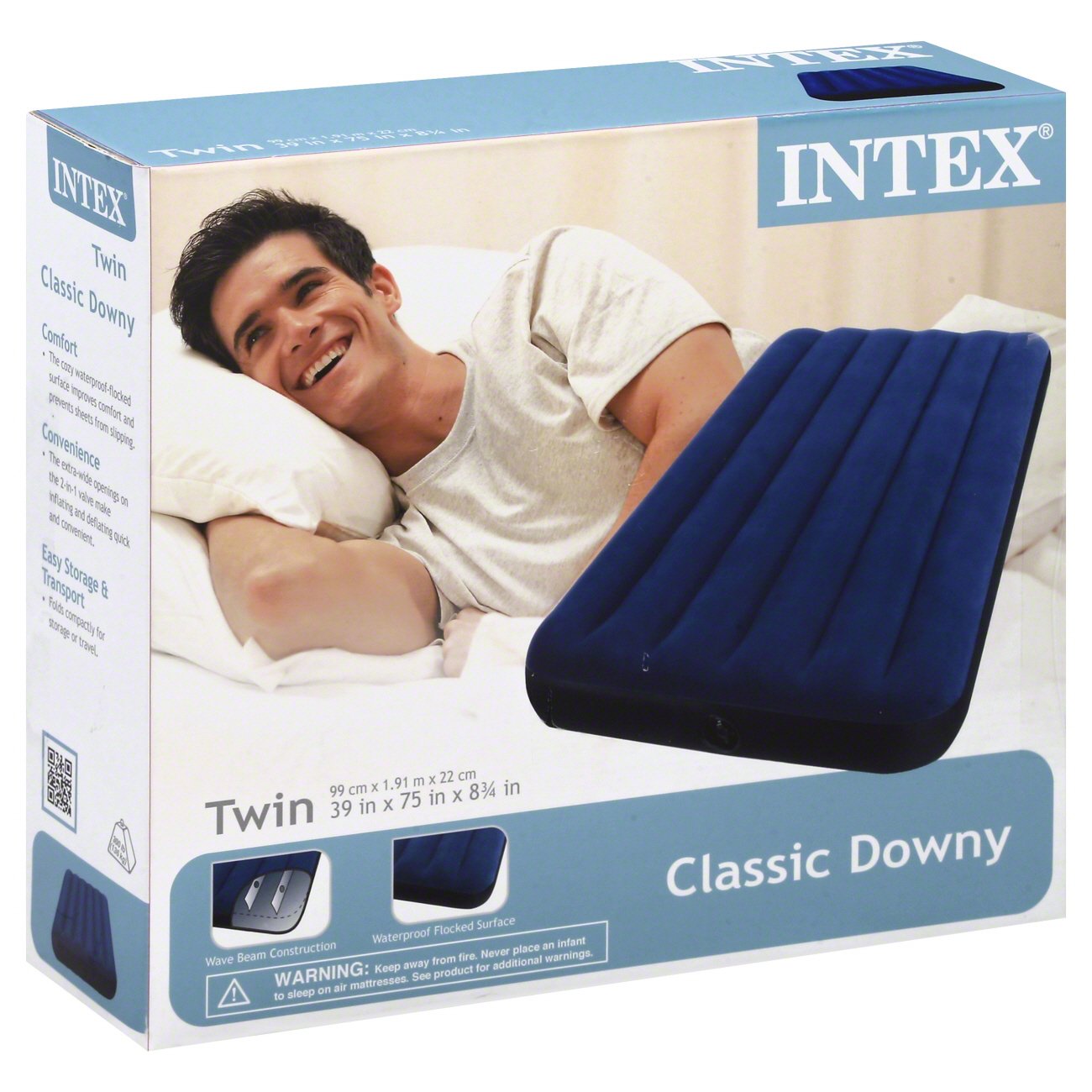 Twin Size Inflatable Air Bed Mattress Intex Classic Downy Blue Pump Not Included 