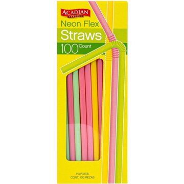 Acadian Trading Neon Flexible Straws, 100 ct