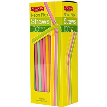 Acadian Trading Neon Flexible Straws, 100 ct
